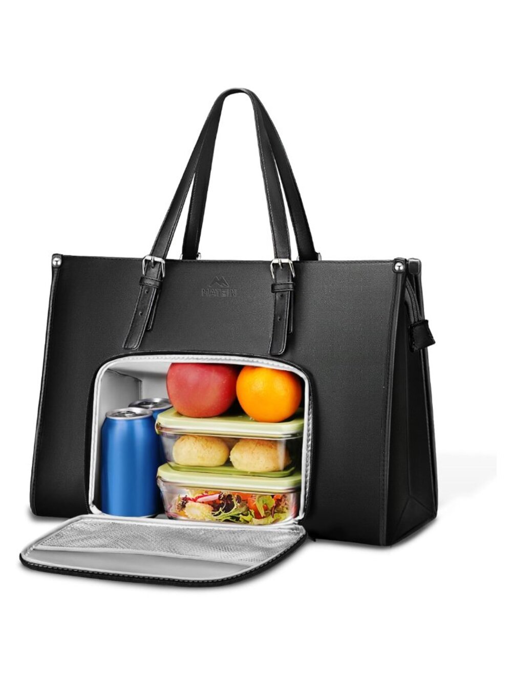 15.6 Inch Laptop Tote Bag with Insulated Lunch Compartment PU Leather Briefcase